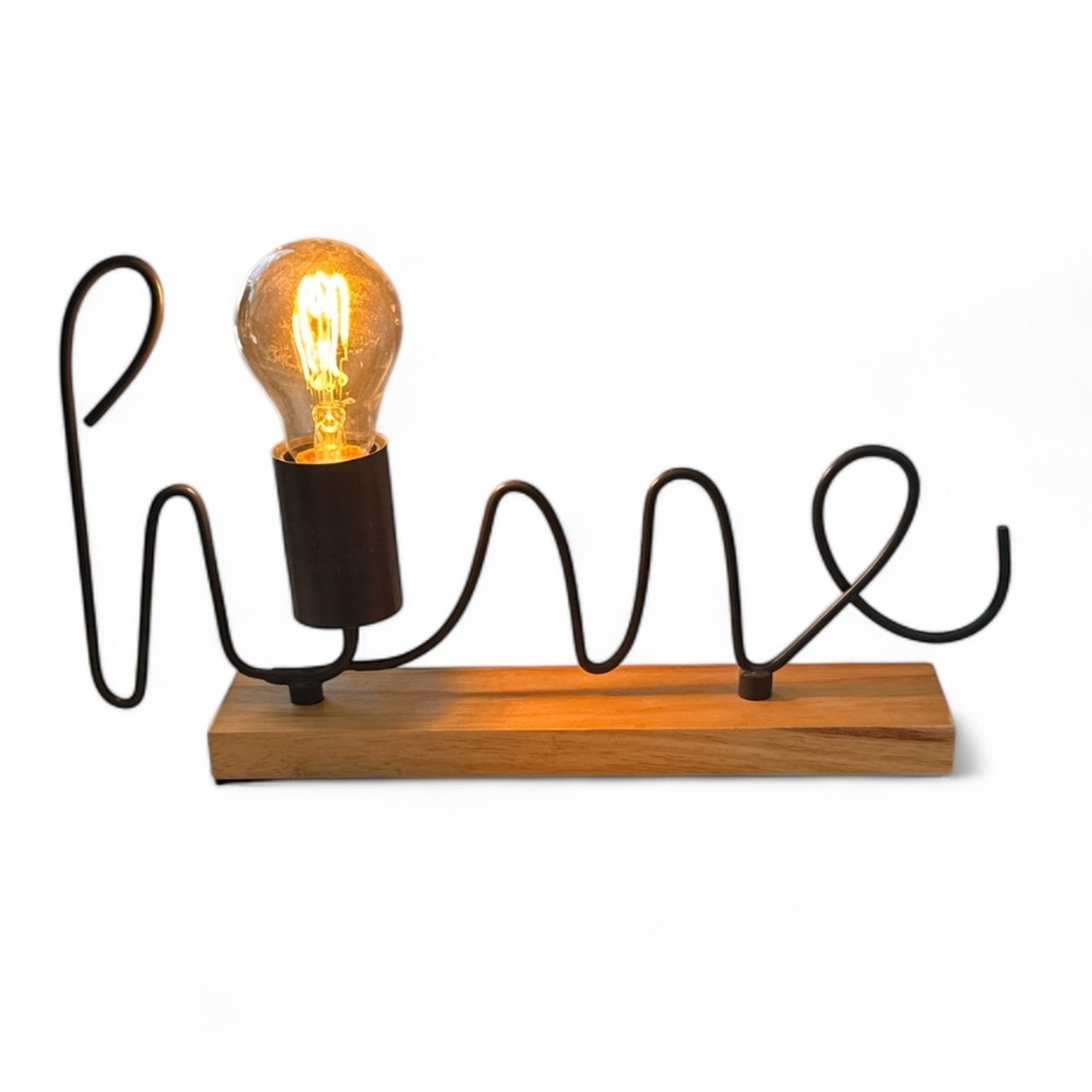 Mercantile Market Home Wireworks Gray Script Accent Lamp on Wood Base